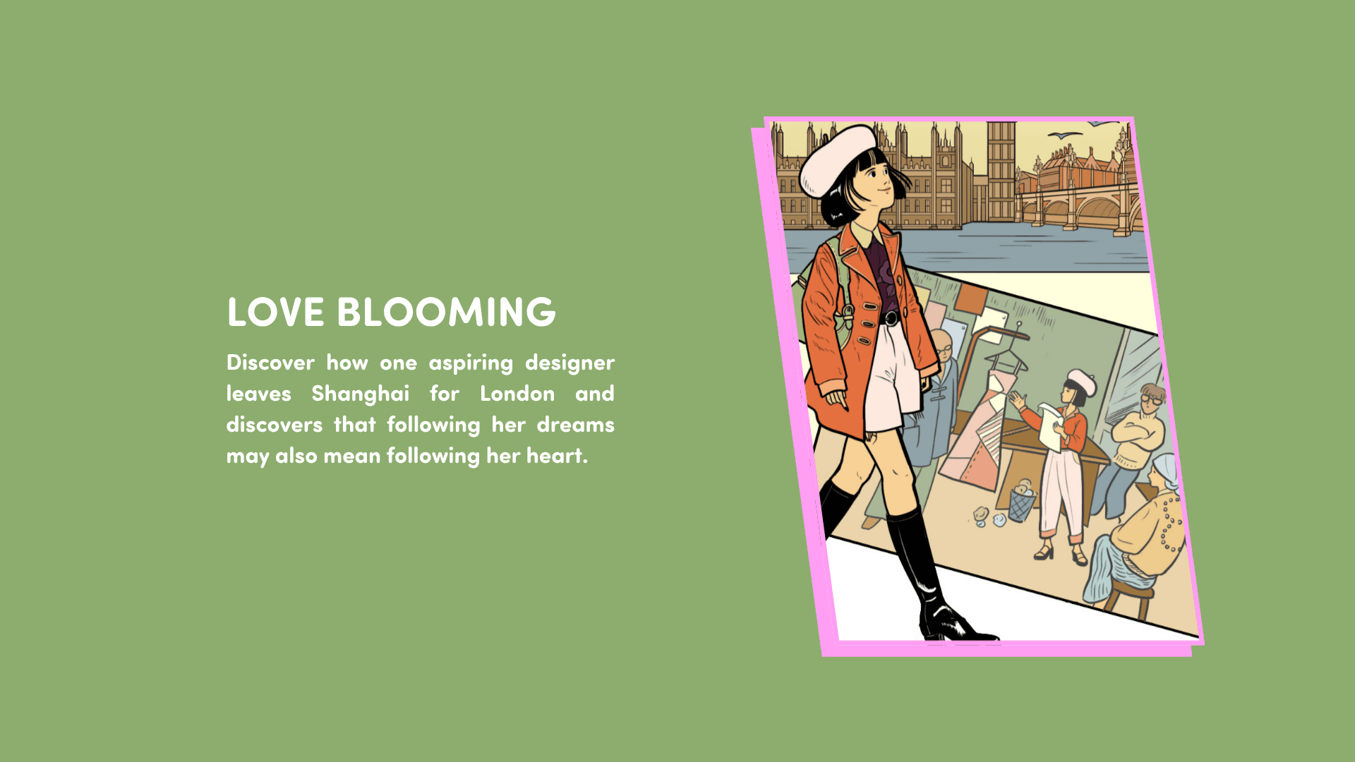 An illustration of an Asian girl walking with comics behind her