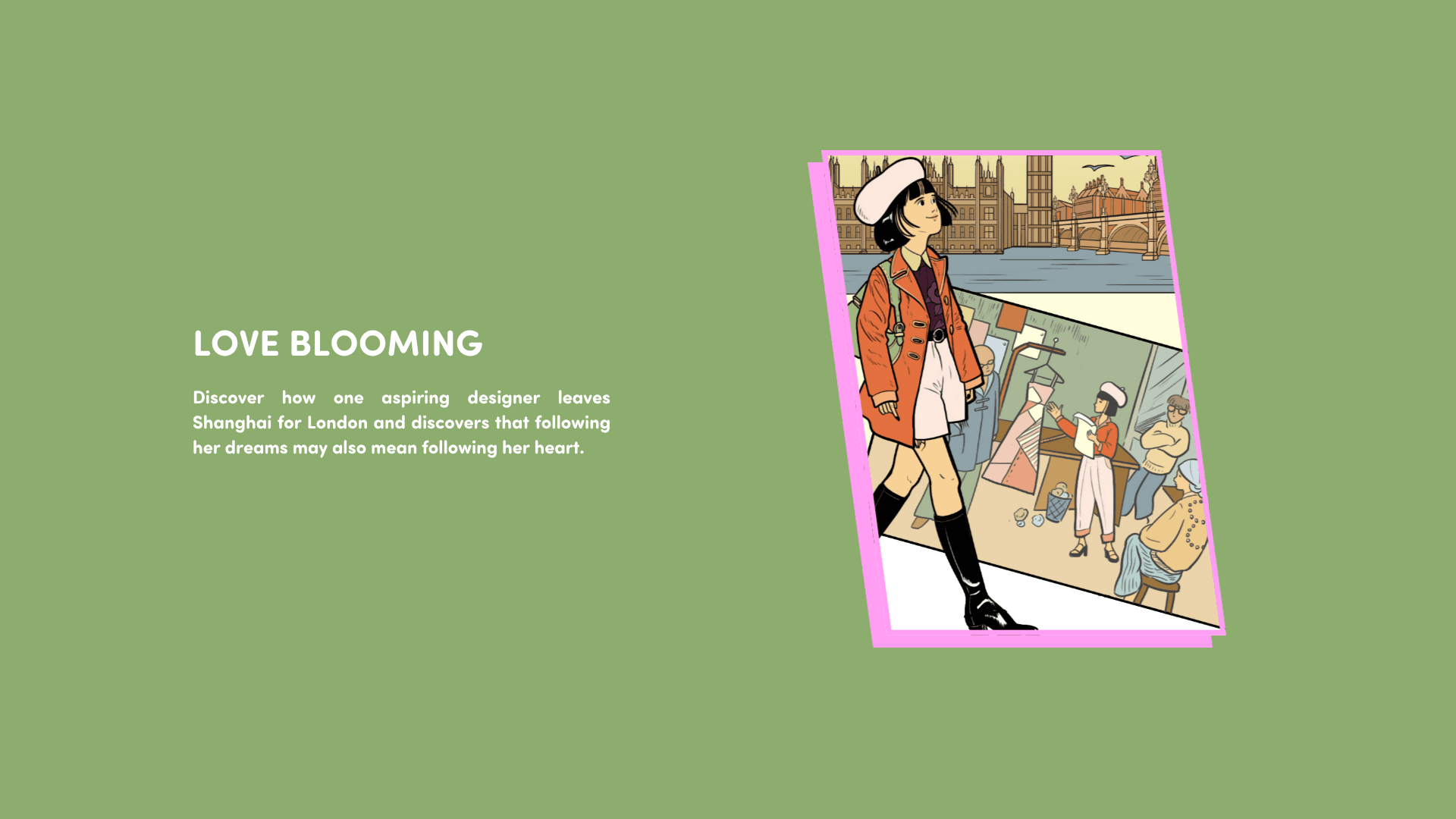 An illustration of an Asian girl walking with comics behind her