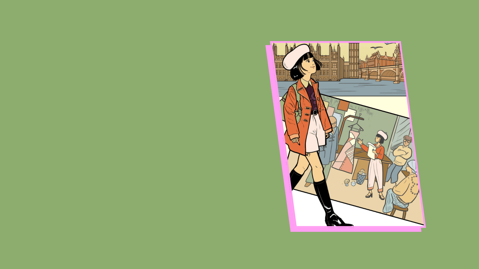 An illustration of an Asian girl walking with comics behind her
