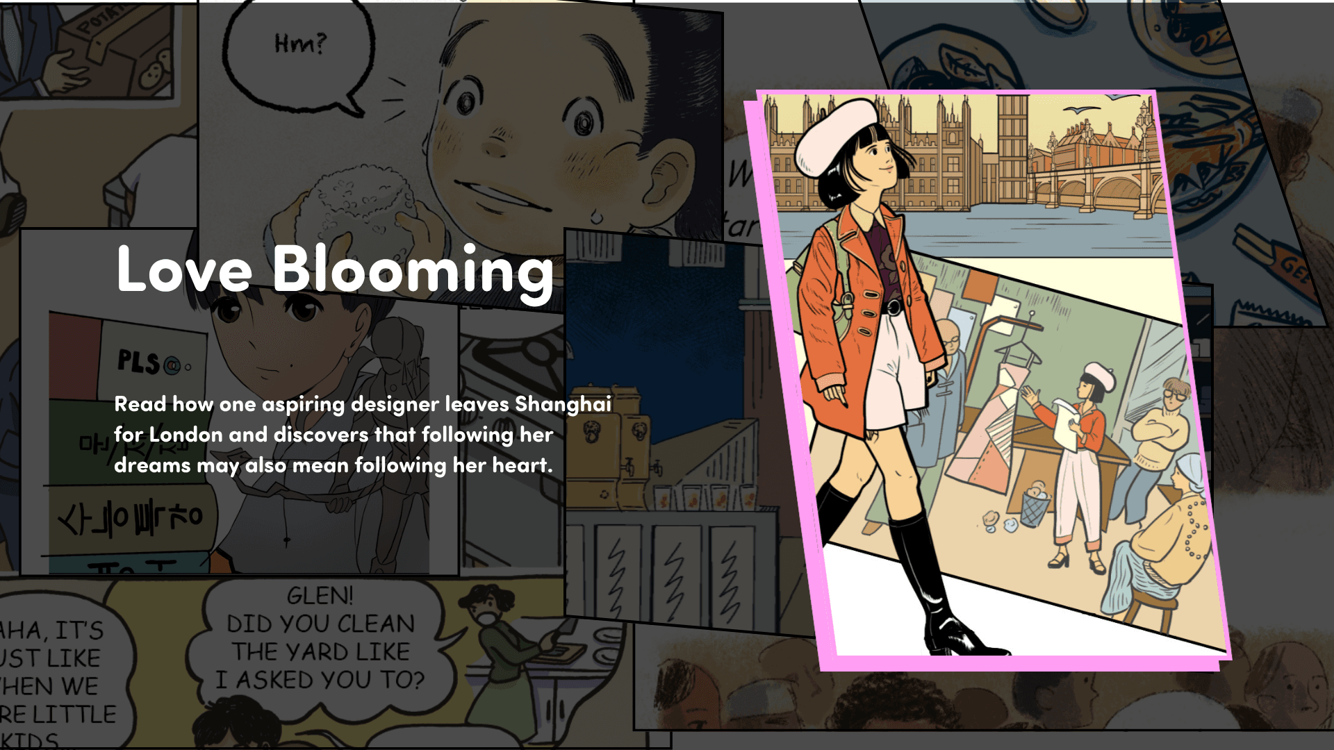 An illustration of an Asian girl walking with comics behind her